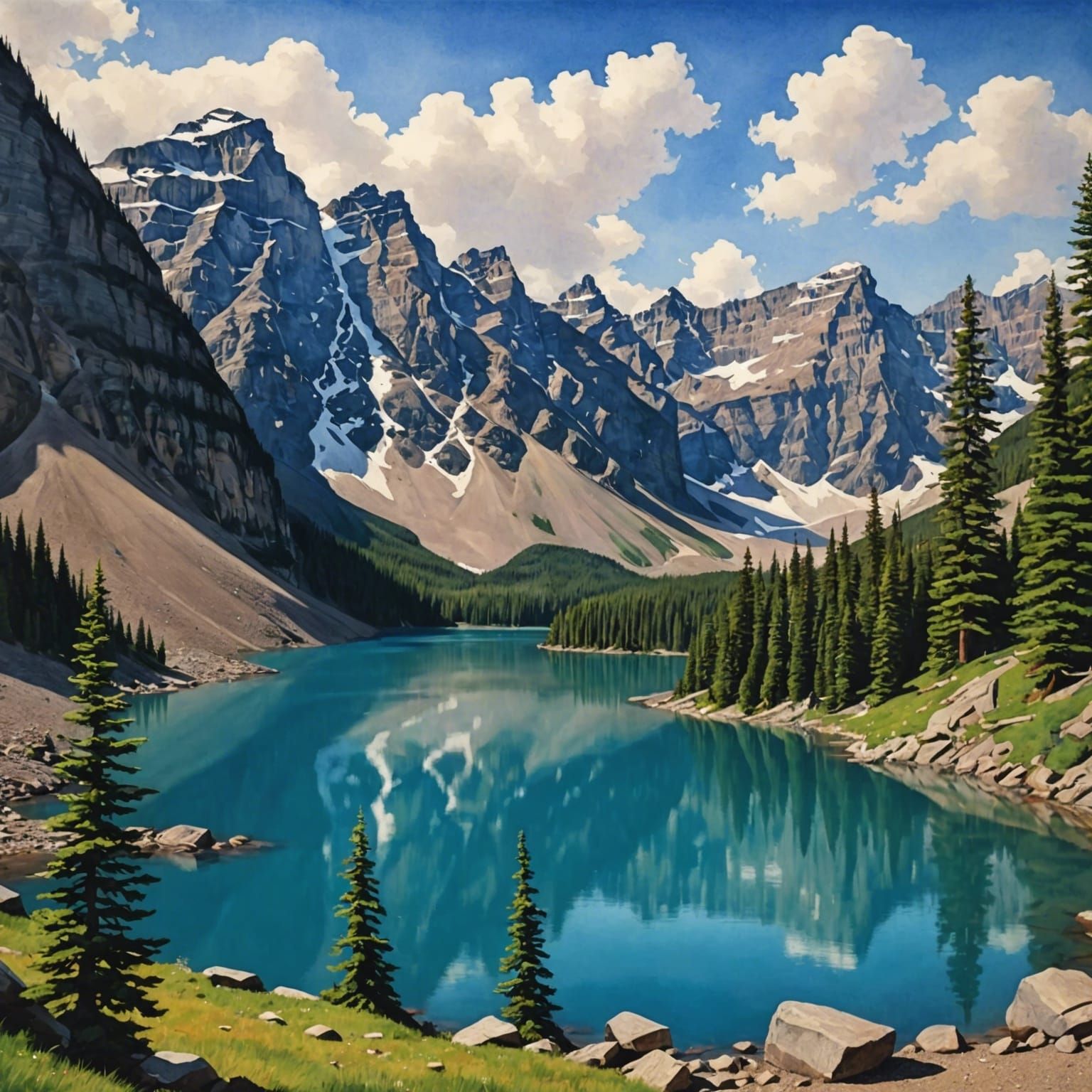 Moraine Lake Painting in Grant Wood Style
