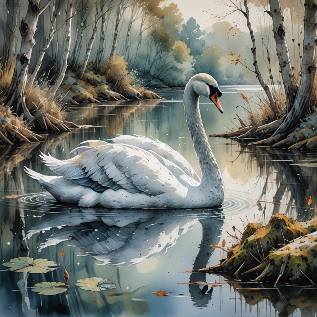 A serene lakeside cove with a stately swan regally resting on a weathered birch limb
, combining the artistic brilliance...