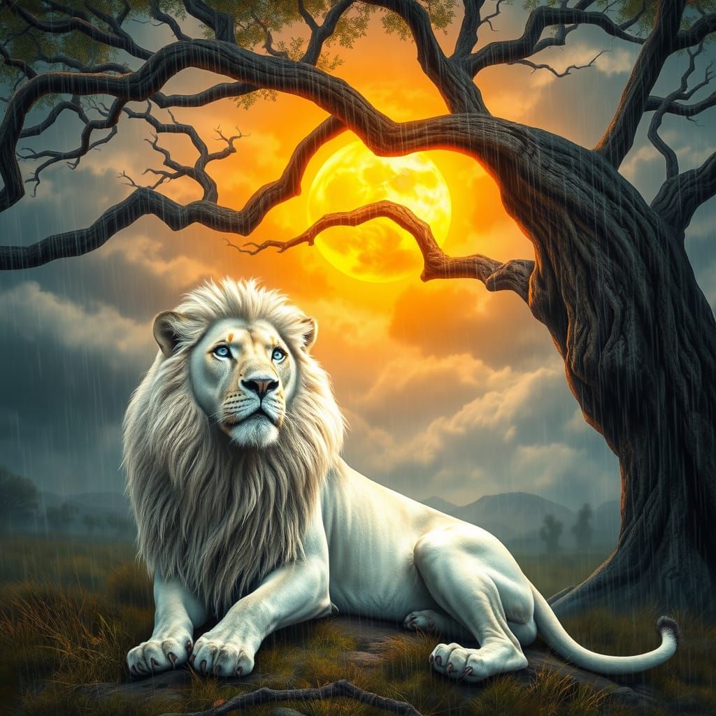 Majestic White Lion in Rainy Landscape, Gazing at Distant Su...