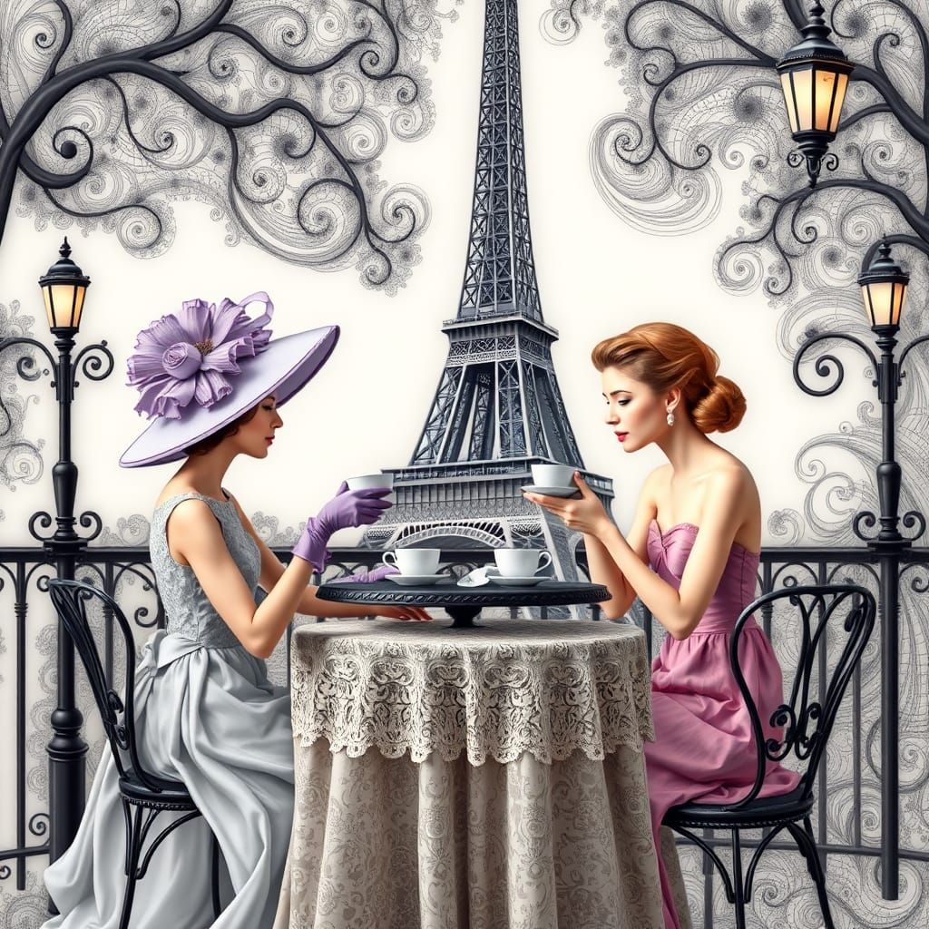Elegant Teatime by Eiffel Tower in Abstract Style