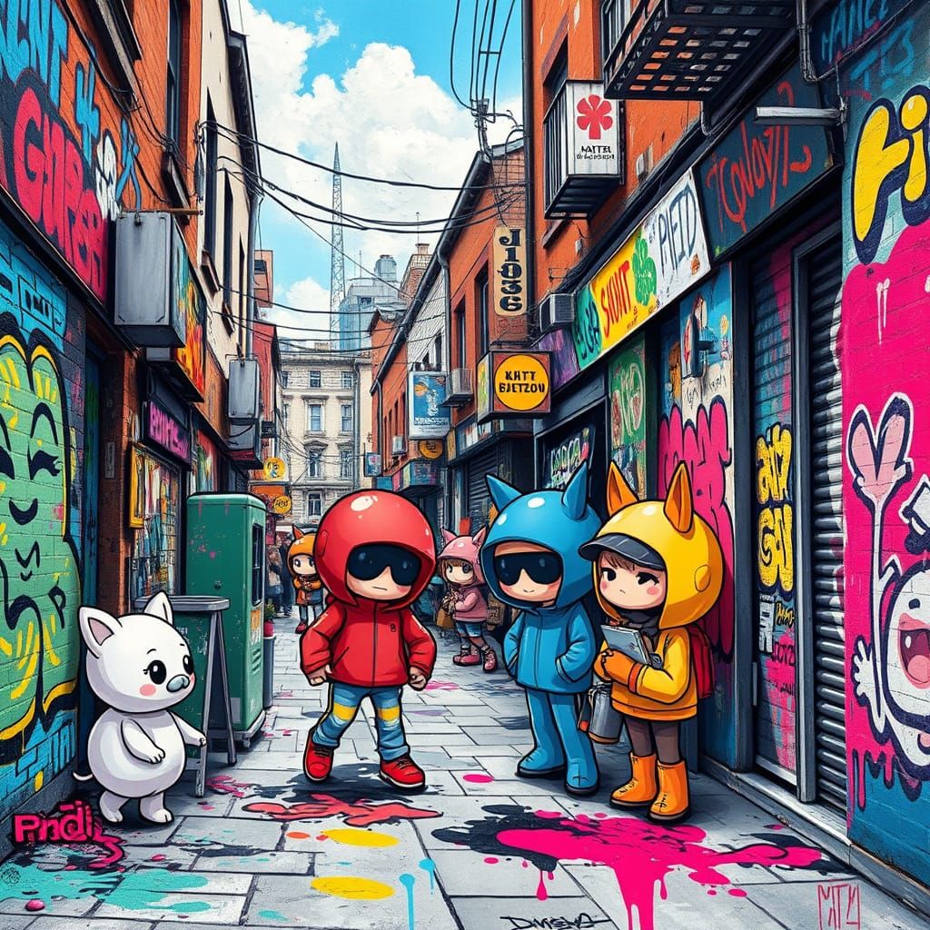 Vibrant Kawaii Street Scene with Graffiti Art
