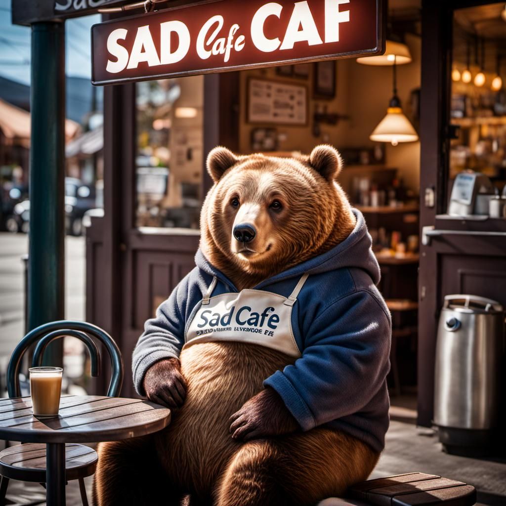 Adorable Obese Bear at Sad Cafe: Photorealistic Portrait