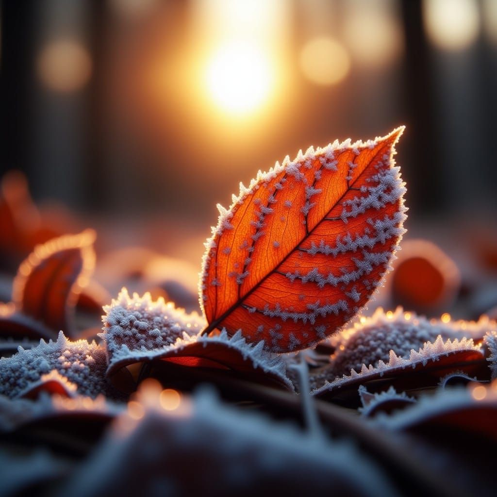 Frosted Autumn Leaf in Early Morning Sunlight