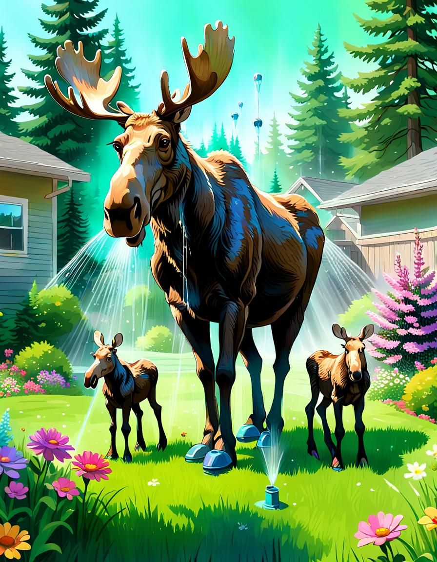 Father Moose & babies have fun in sprinkler of someone's bac...
