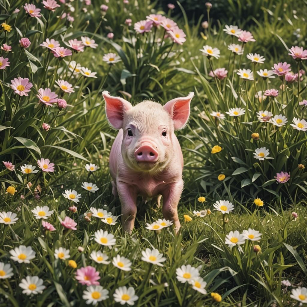 Cute Pink Piglet with Duckling in Grassy Meadow
