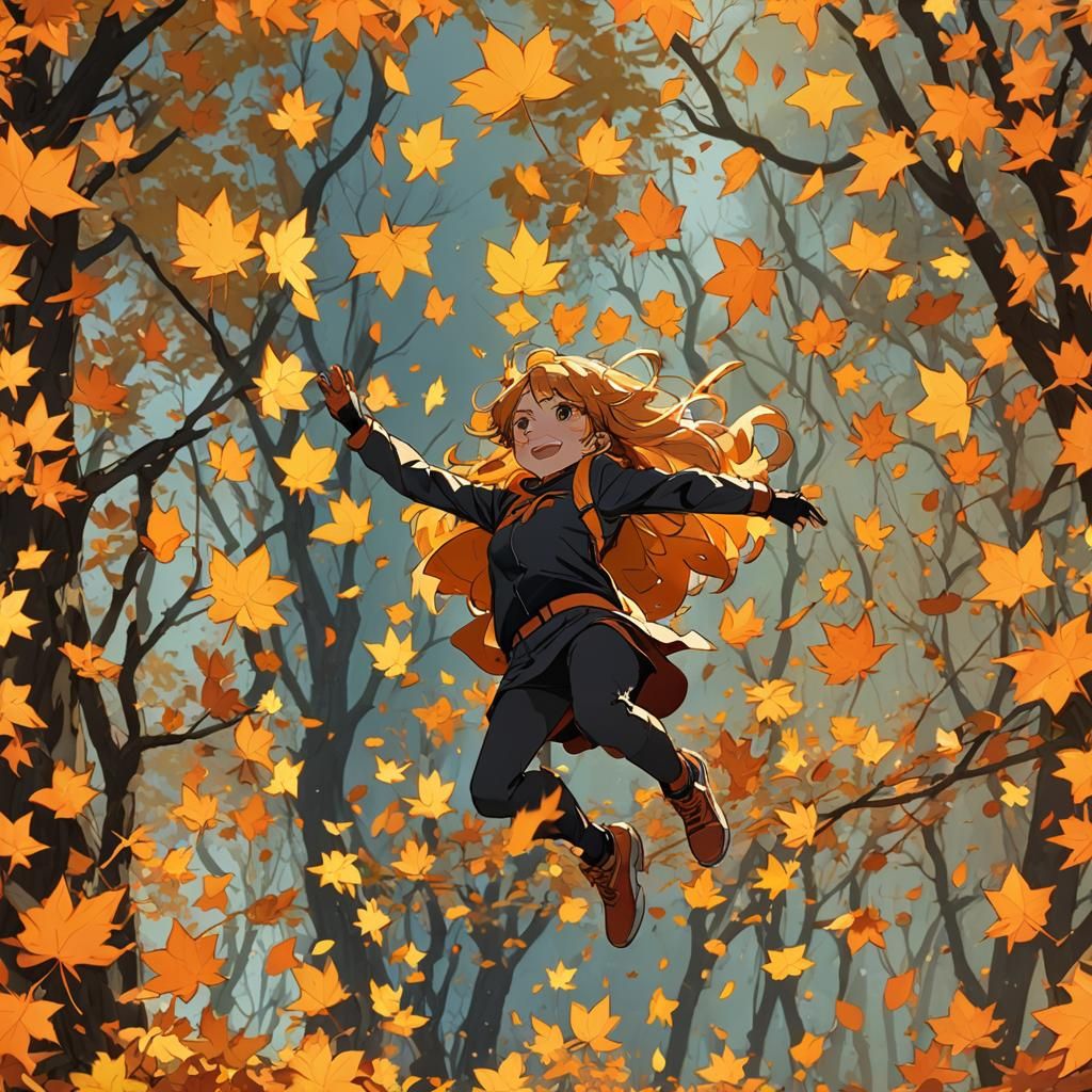 Vibrant Anime Autumn Leaves in Cel-Shaded Style
