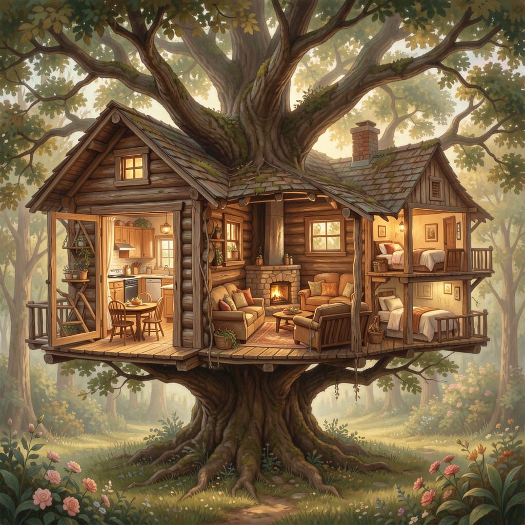 Cozy Treehouse Home Detailed Digital Painting