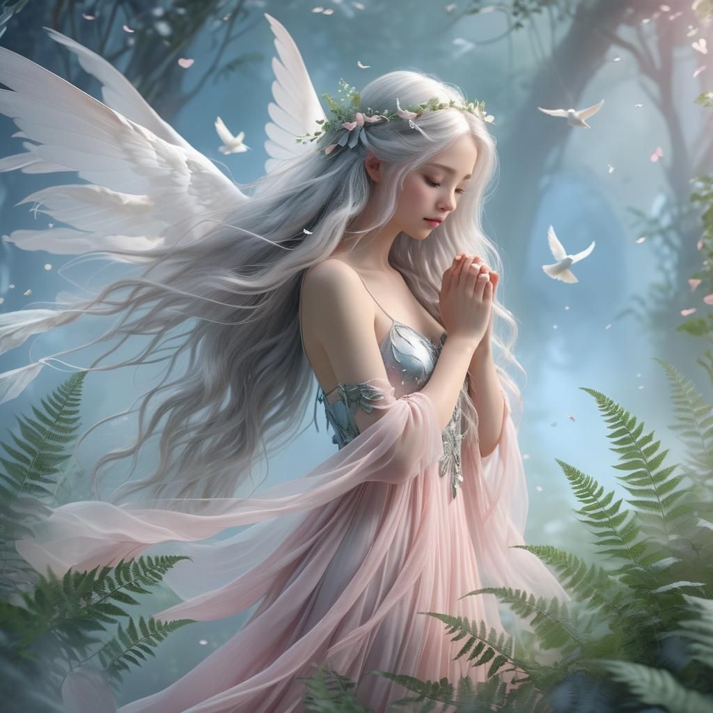 a beautiful fairy woman with long silver hair wearing a ligh...