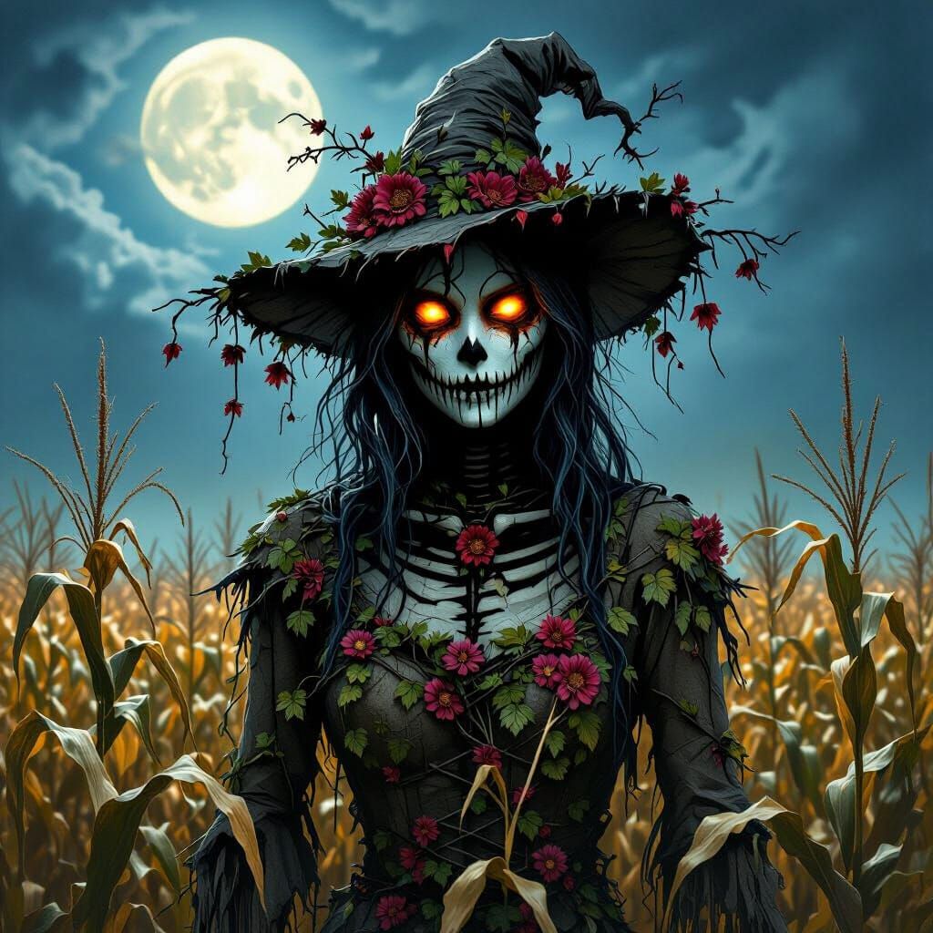 Ghostly Scarecrow Queen in Moonlit Gothic Cornfield