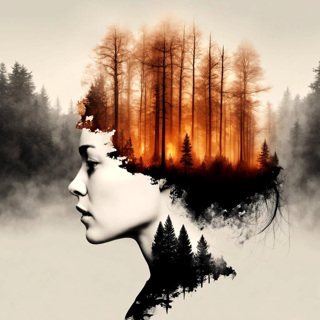 Double Exposure of Flaming Forest in Woman's Silhouette