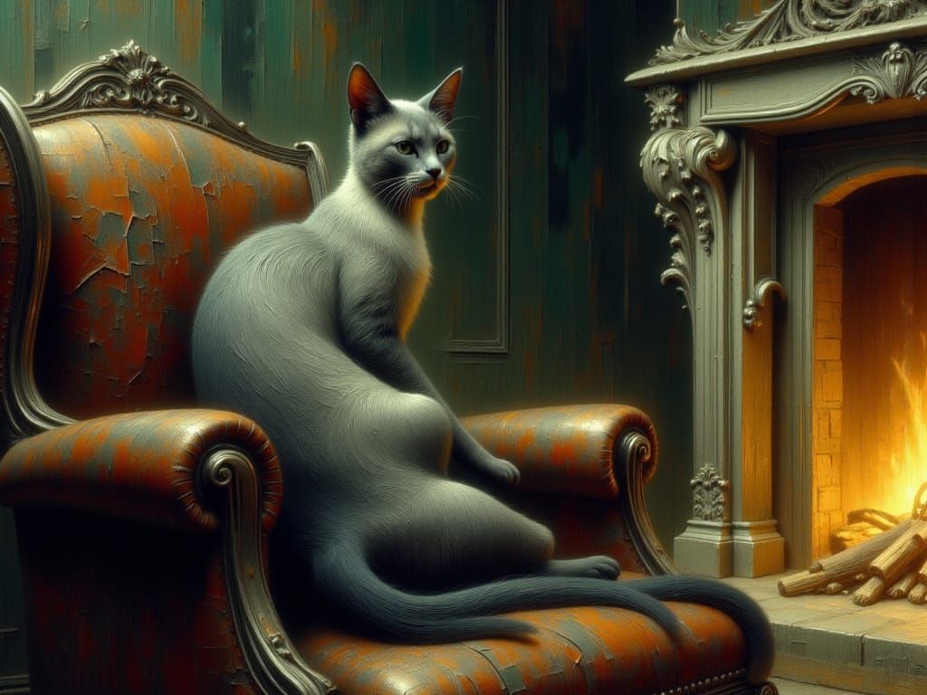 Majestic Siamese Cat on Leather Chair by Fireplace