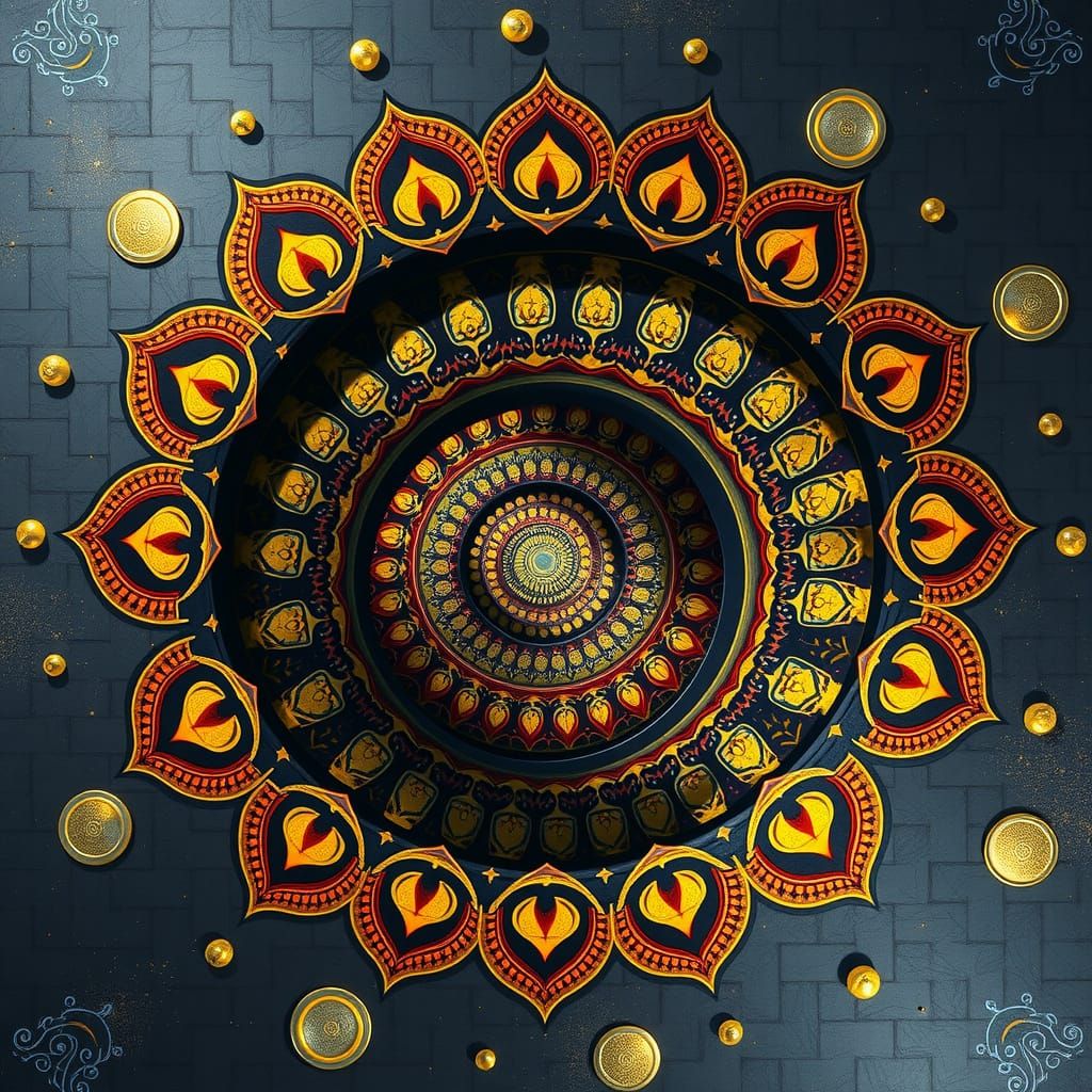 Spiraling Indian Rangoli Optical Illusion in 3D