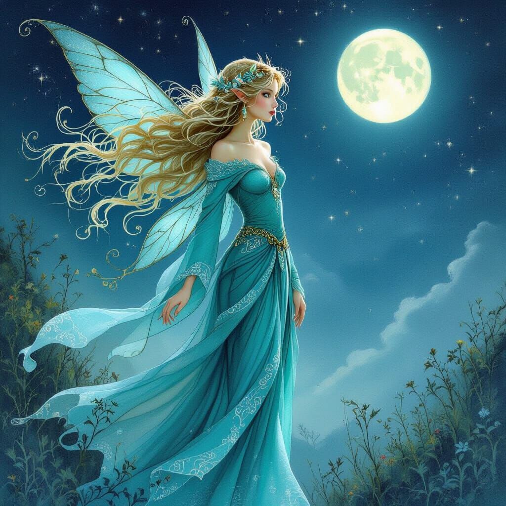 Ethereal Fairy in Turquoise Attire Under Moonlight