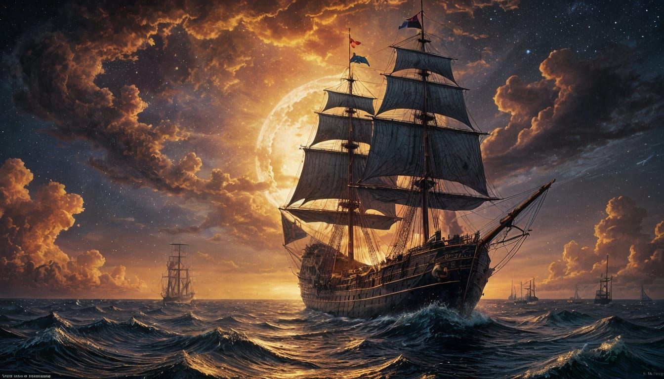 Gothic Galleon Sailing a Sea of Fire