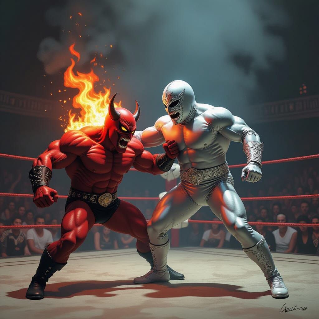 El Santo Wrestles a Demon in Dark Fantasy Style