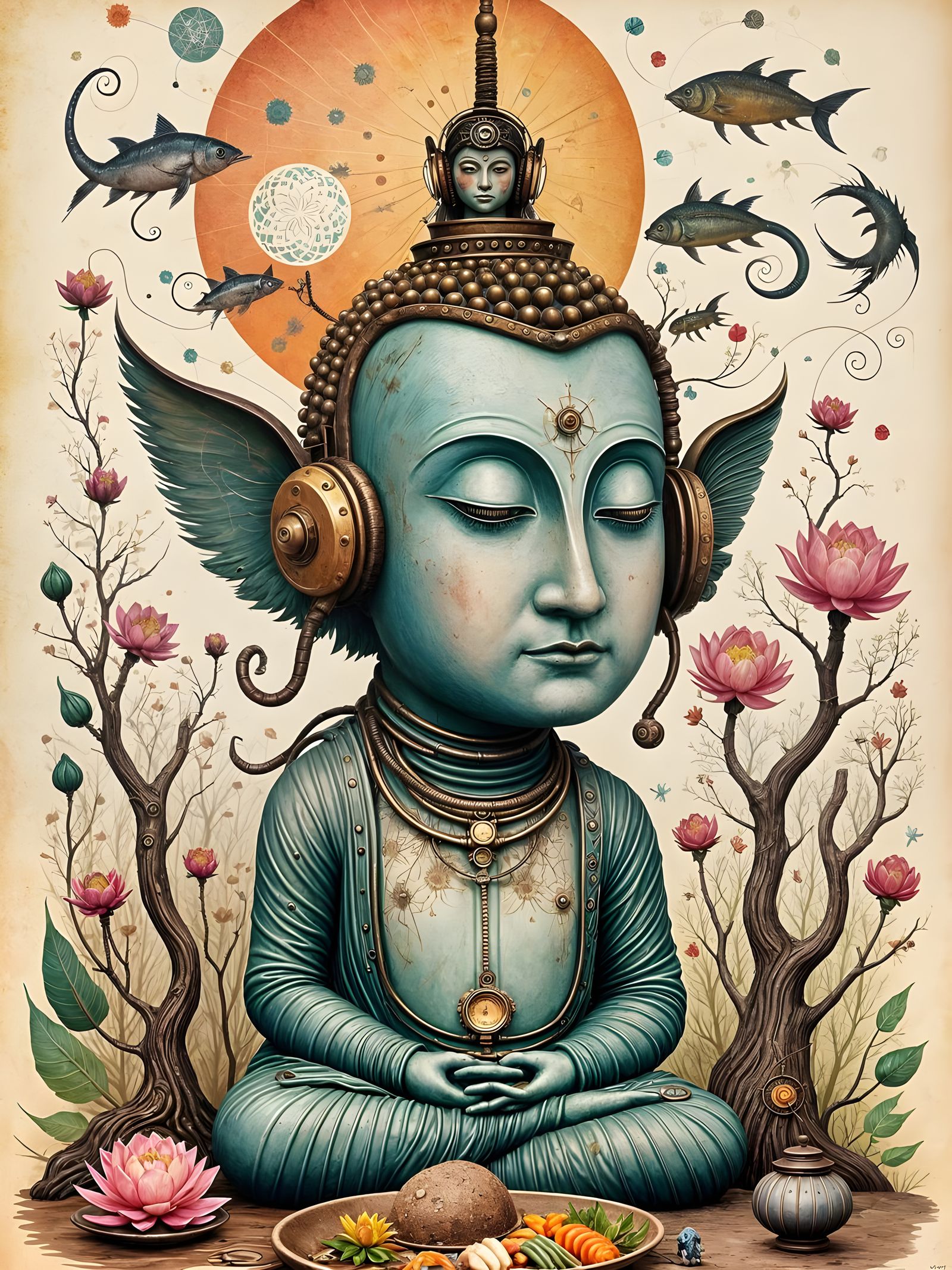 Steampunk Buddha Robot Meditating with Sushi