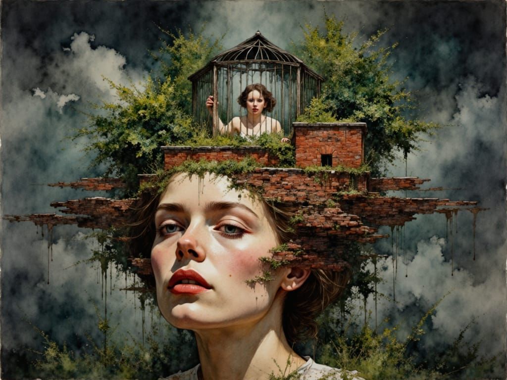 Surreal Painting of Woman's Head of Brick and Foliage
