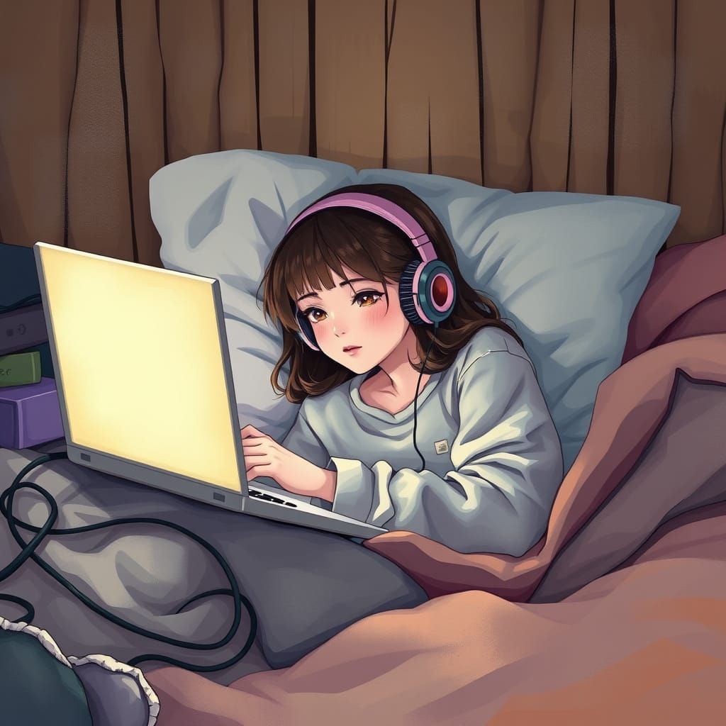 Girl in Pajamas Staring at Laptop, Digital Painting