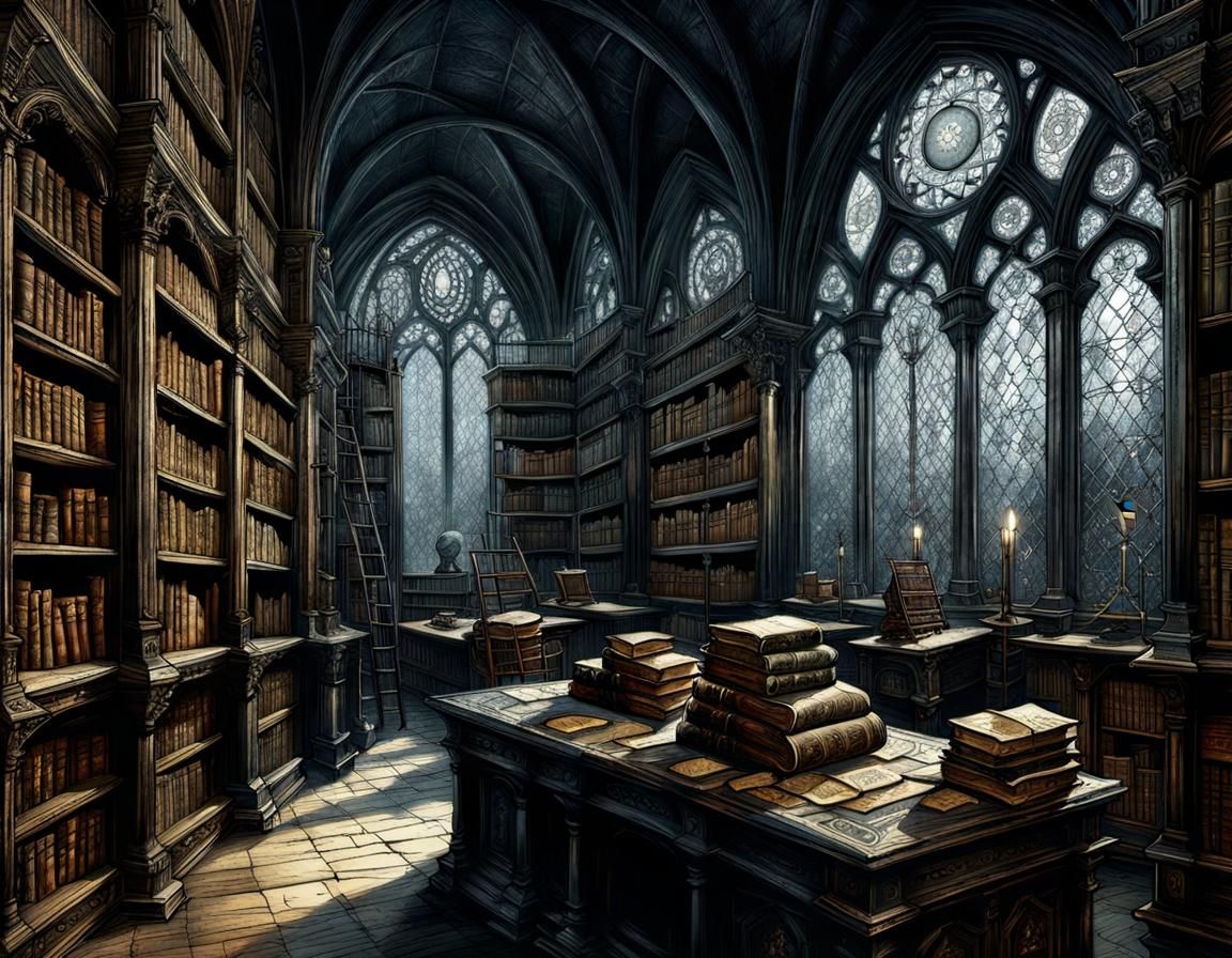 Epic Medieval Library with Towering Shelves