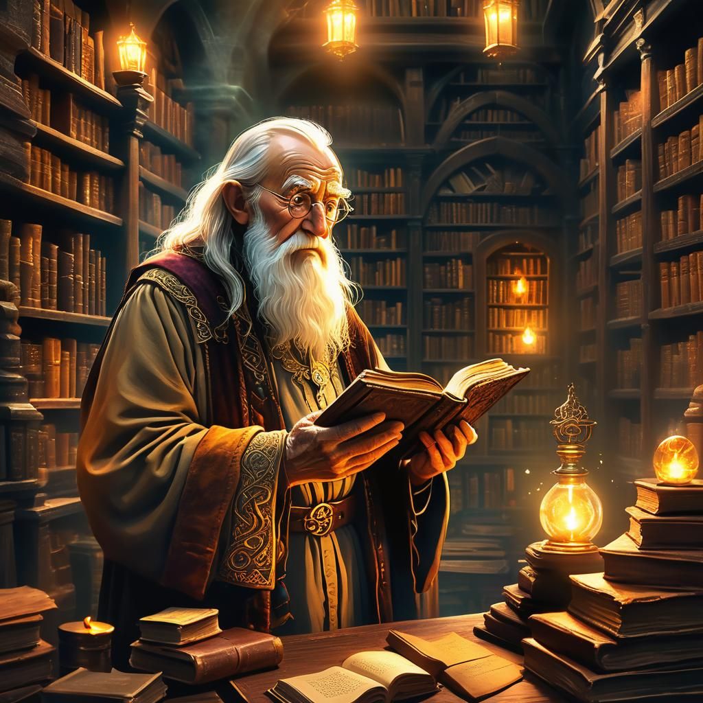 Glowing Stone in Mystical Library: Digital Art