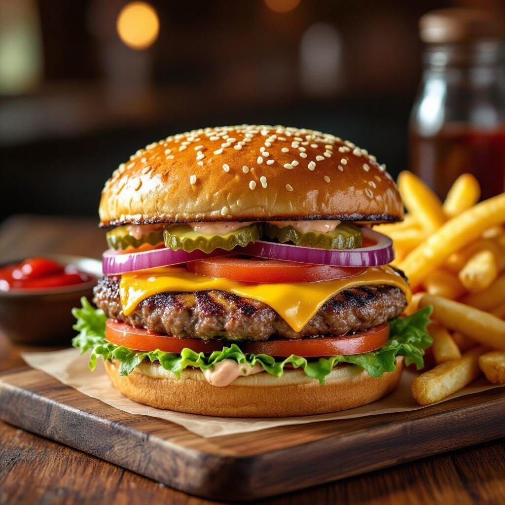 Gourmet Cheeseburger with Fries in Classic Style