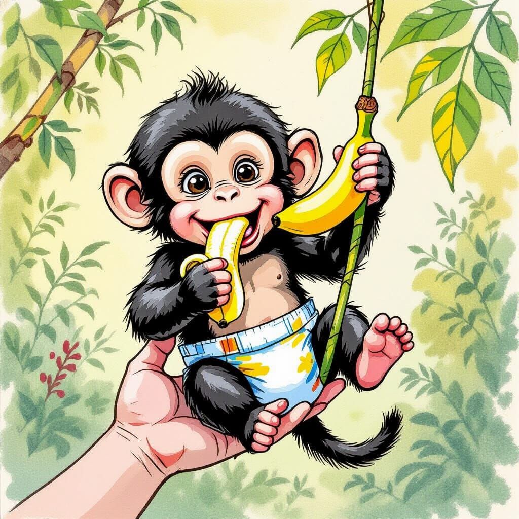 Adorable Monkey Eating Banana in Childlike Sketch Style