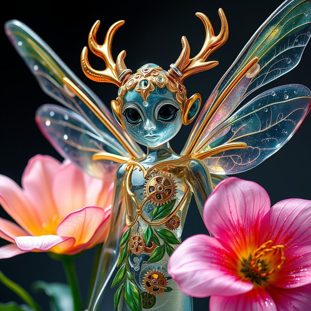 Steampunk Glass Fairy Sculpture with Golden Gears