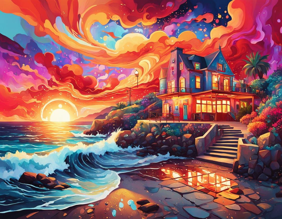 Coastal Town Sunset with Fiery Clouds