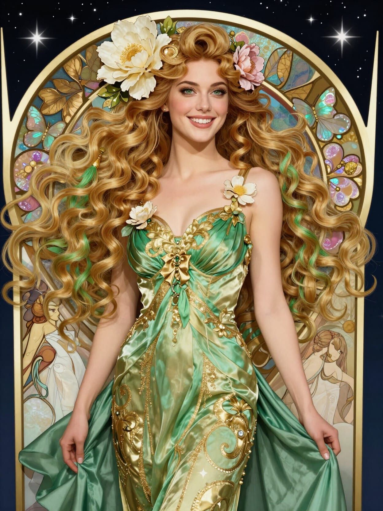 Elegant Woman with Floral Hair in Starry Sky