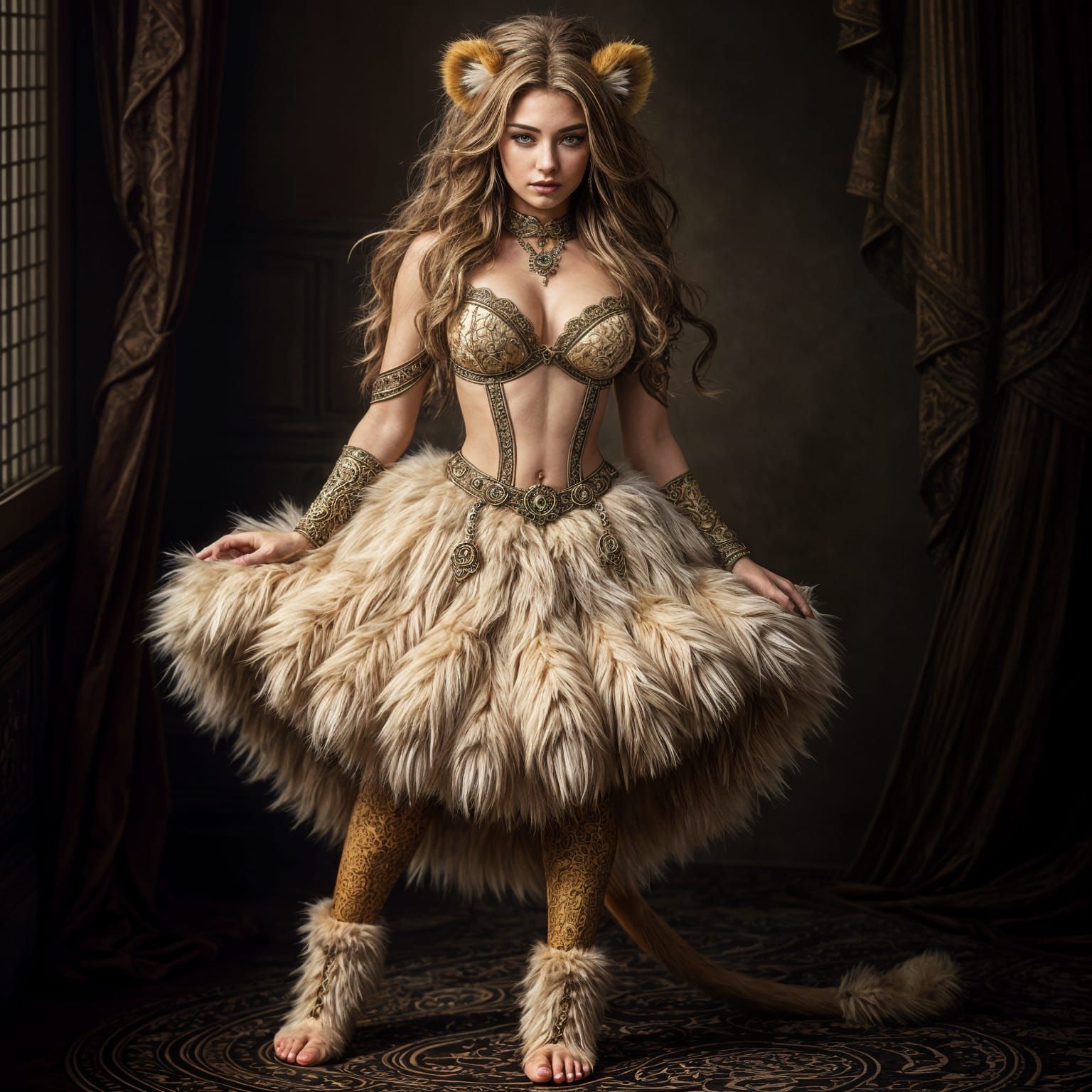 Beautiful Woman as Lioness in Detailed Setting