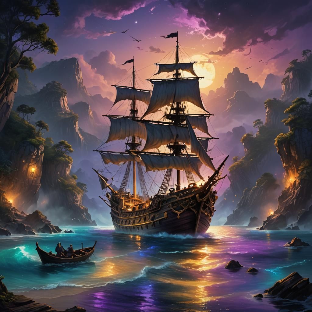 Pirate Ship Exiting Cove in Oil Painting Style