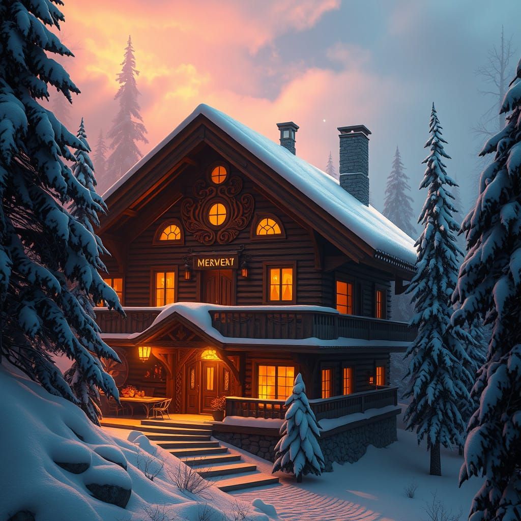 Whimsical Mountain Chalet with Intricate Wood Carvings and G...
