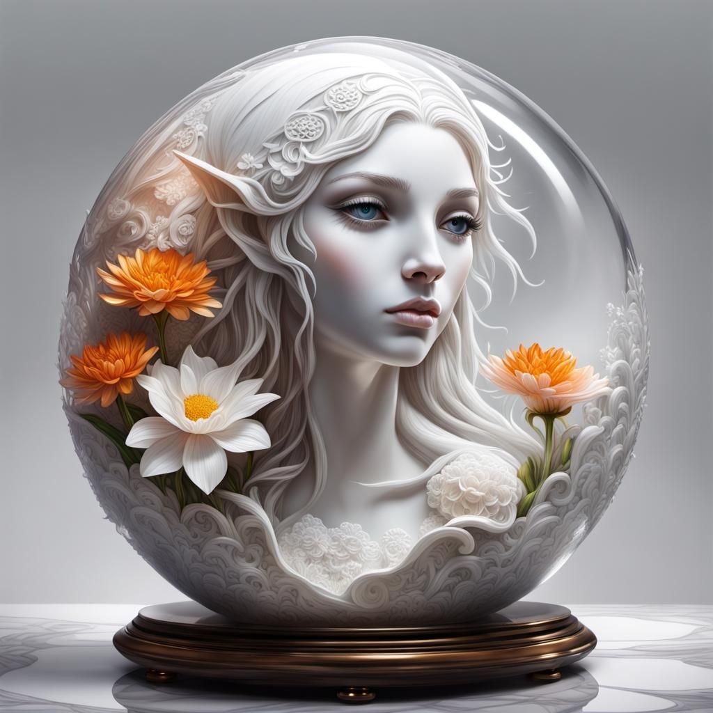 Hyperrealistic Marble Elf Portrait with Glass Sphere