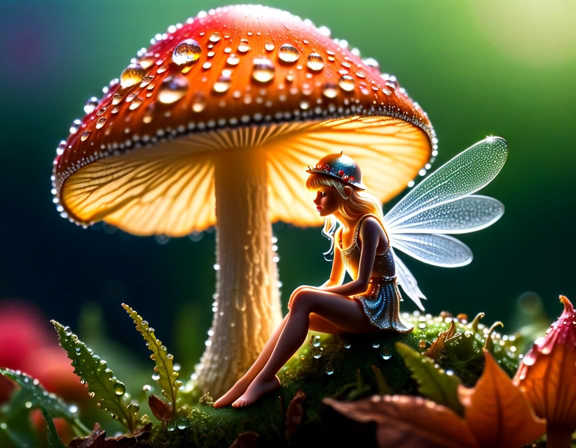 Fairy on Mushroom in Dew, Pointillism Style