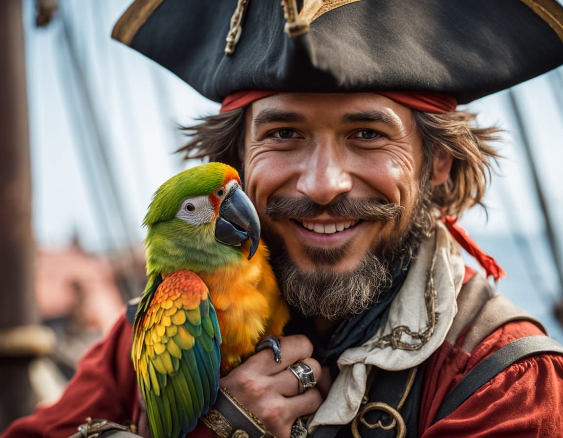Pirate Captain Snuggles with Loyal Parrot