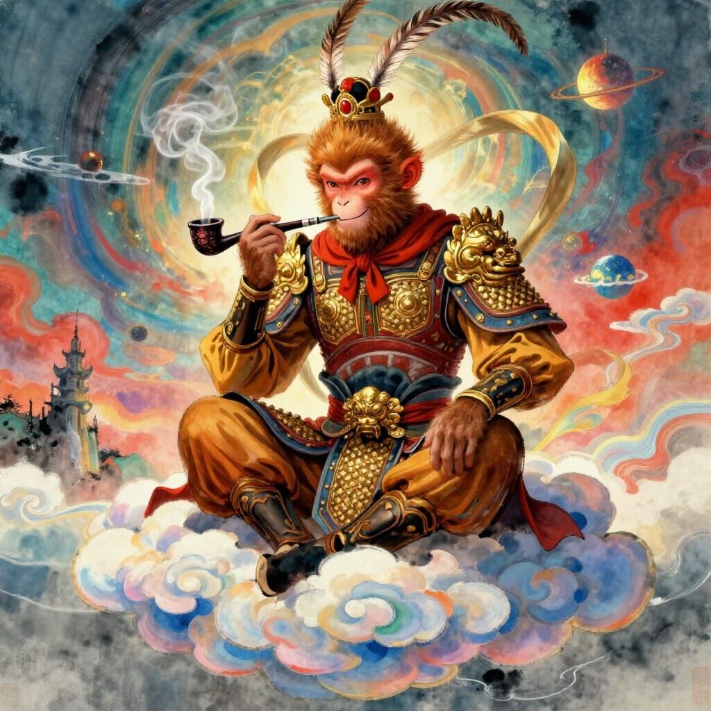 Monkey King Smoking on Cloud in Celestial Sky