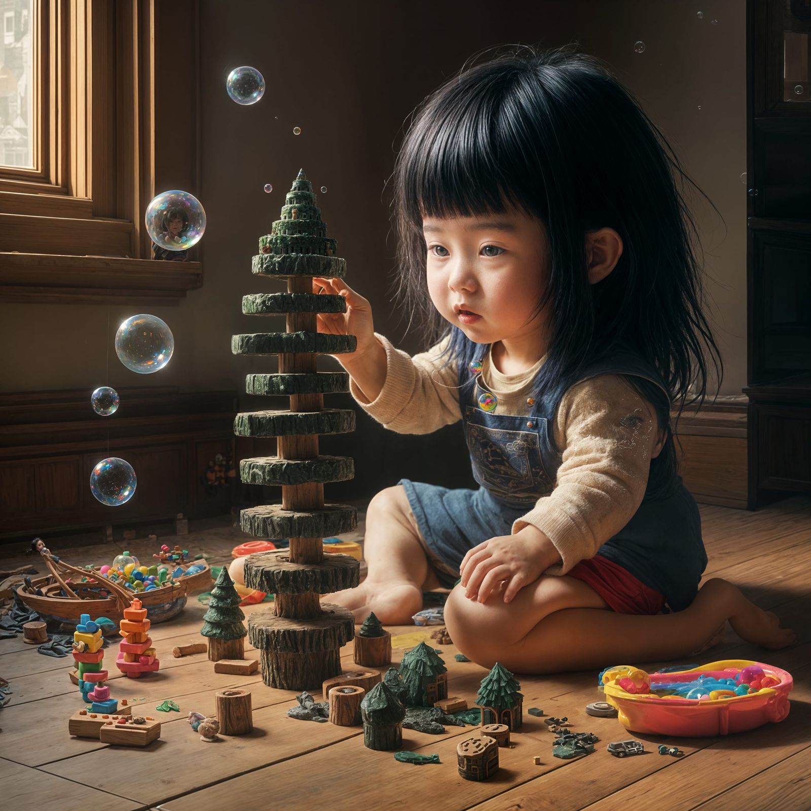 Asian Girl Building Block Tower in James Jean Style