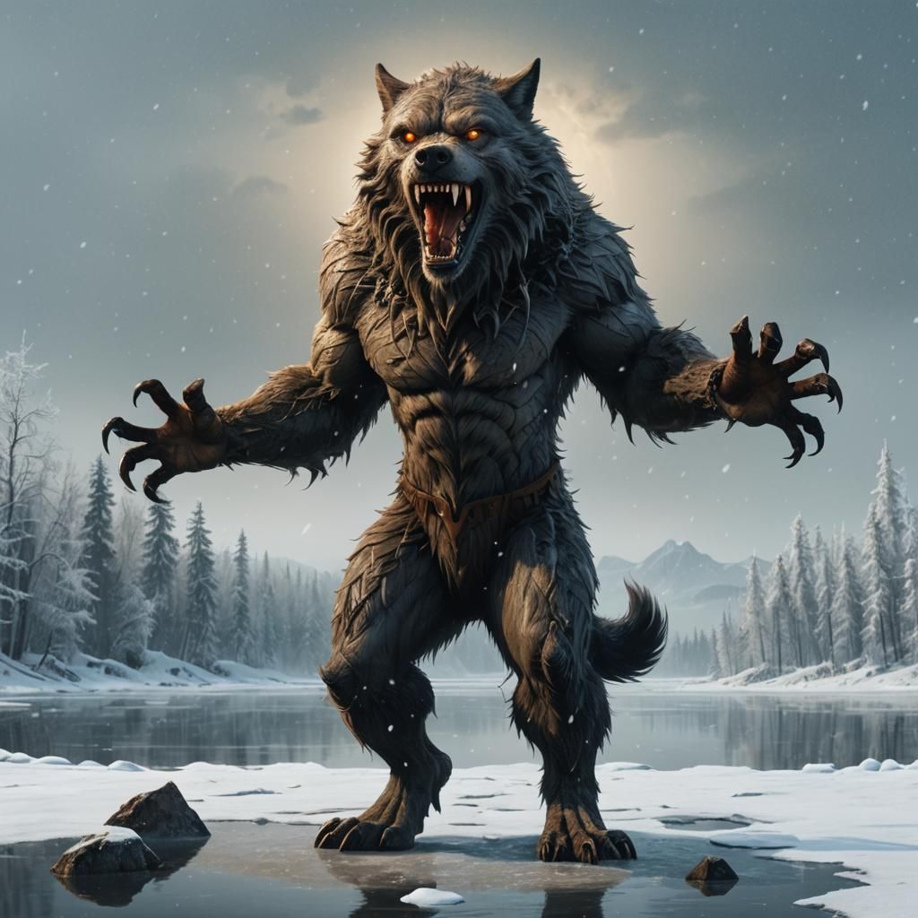 Ferocious Werewolf in Winter Landscape: Fantasy Matte Painti...