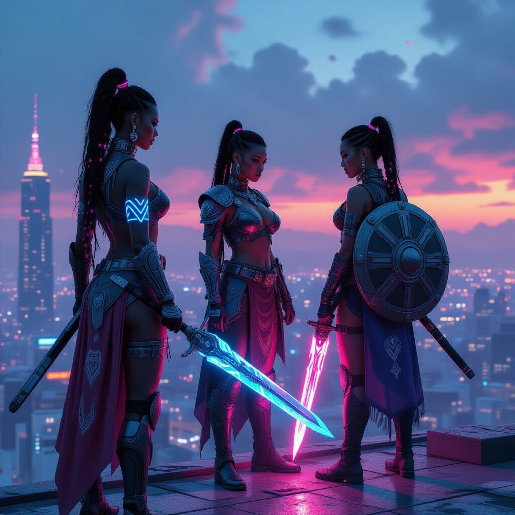 Cyberpunk Valkyries on a Neon Rooftop