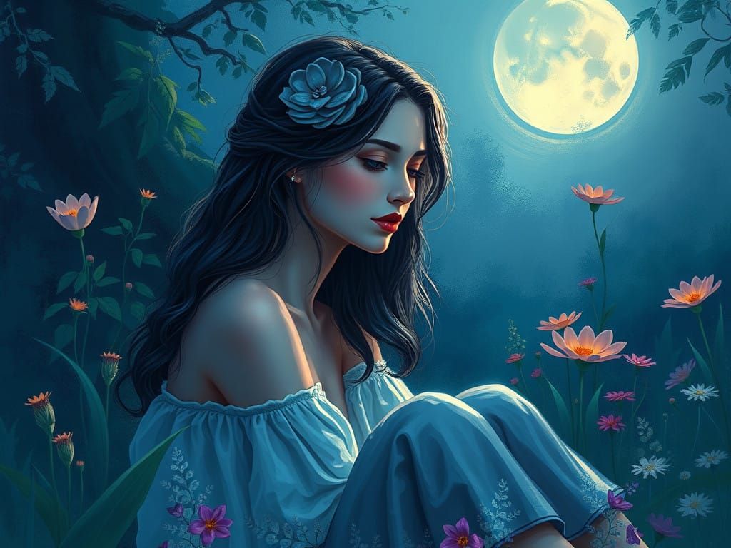 Introspective Moonlit Garden Scene in Dreamy, Ethereal Style