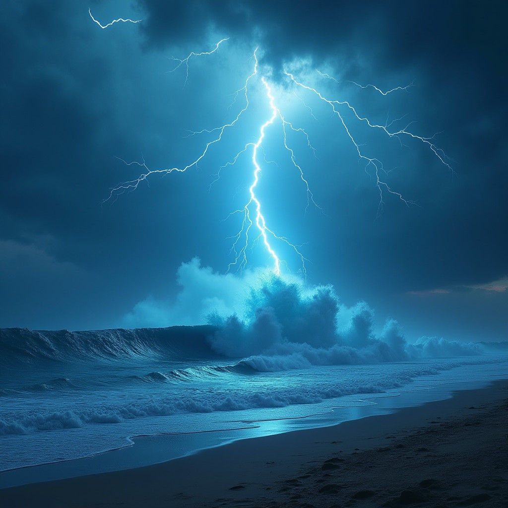 Tsunami Wave Crashes on Beach During Lightning Storm