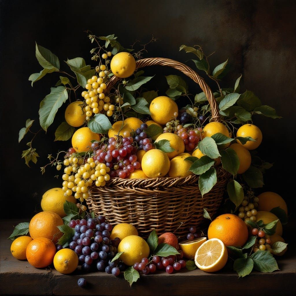 Exotic Fruits in Handwoven Wicker Basket on Dark Background