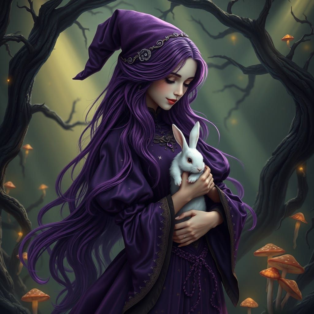 Ethereal Witch in Rich Purple Attire with Gentle White Rabbi...
