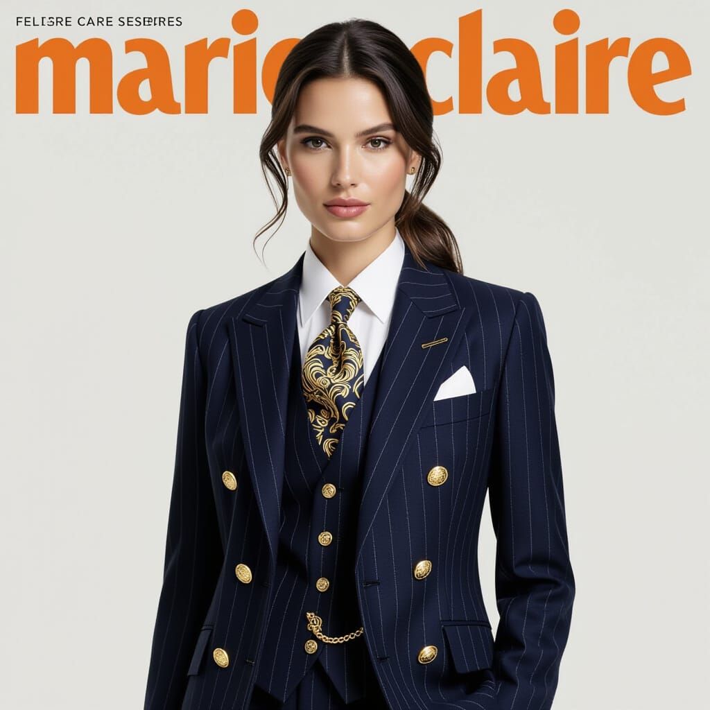 Confident Woman in Navy Pinstripe Suit on Magazine Cover