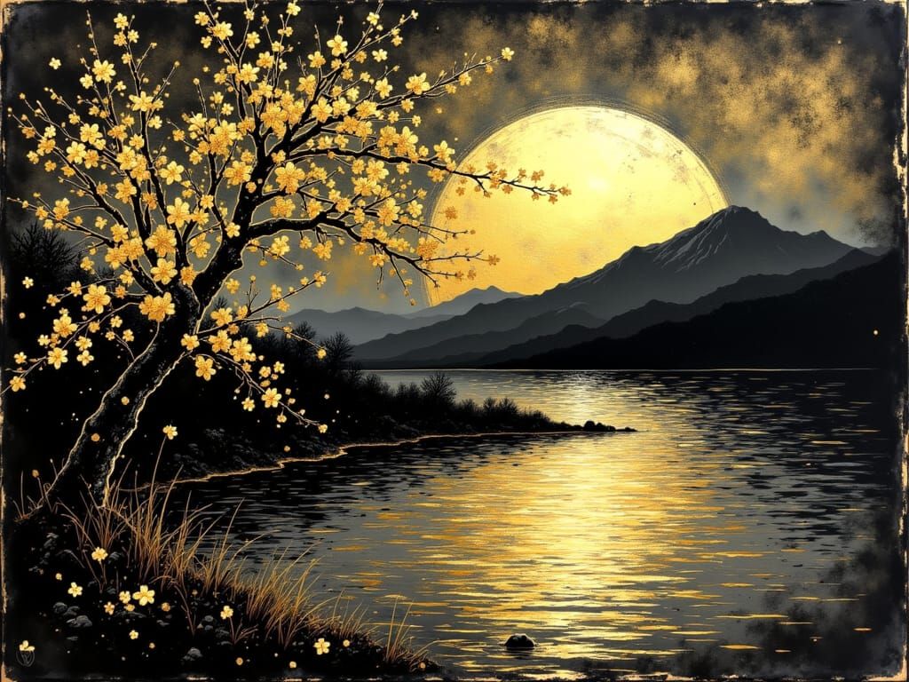Sumi-e Cherry Blossoms on Gilded Moonlit Lake