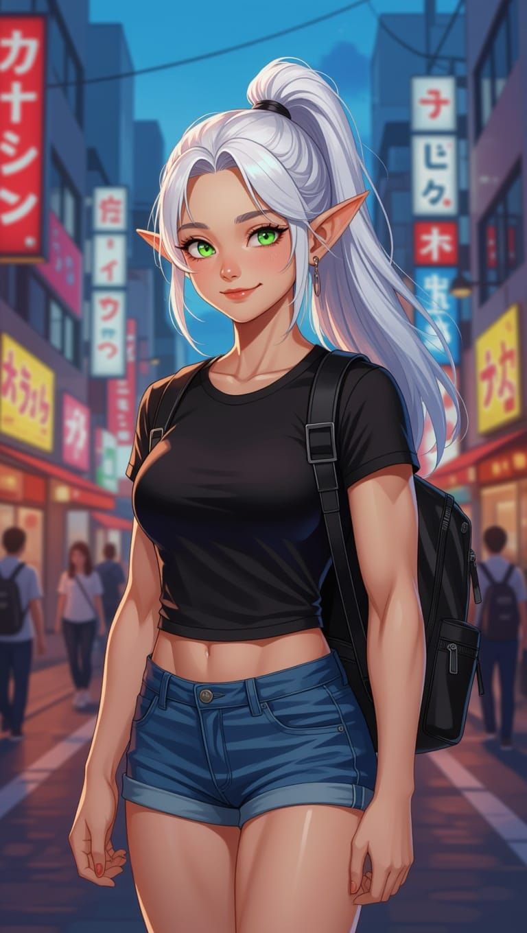 Elf Girl Sightseeing in Tokyo: Hyperrealistic Digital Art