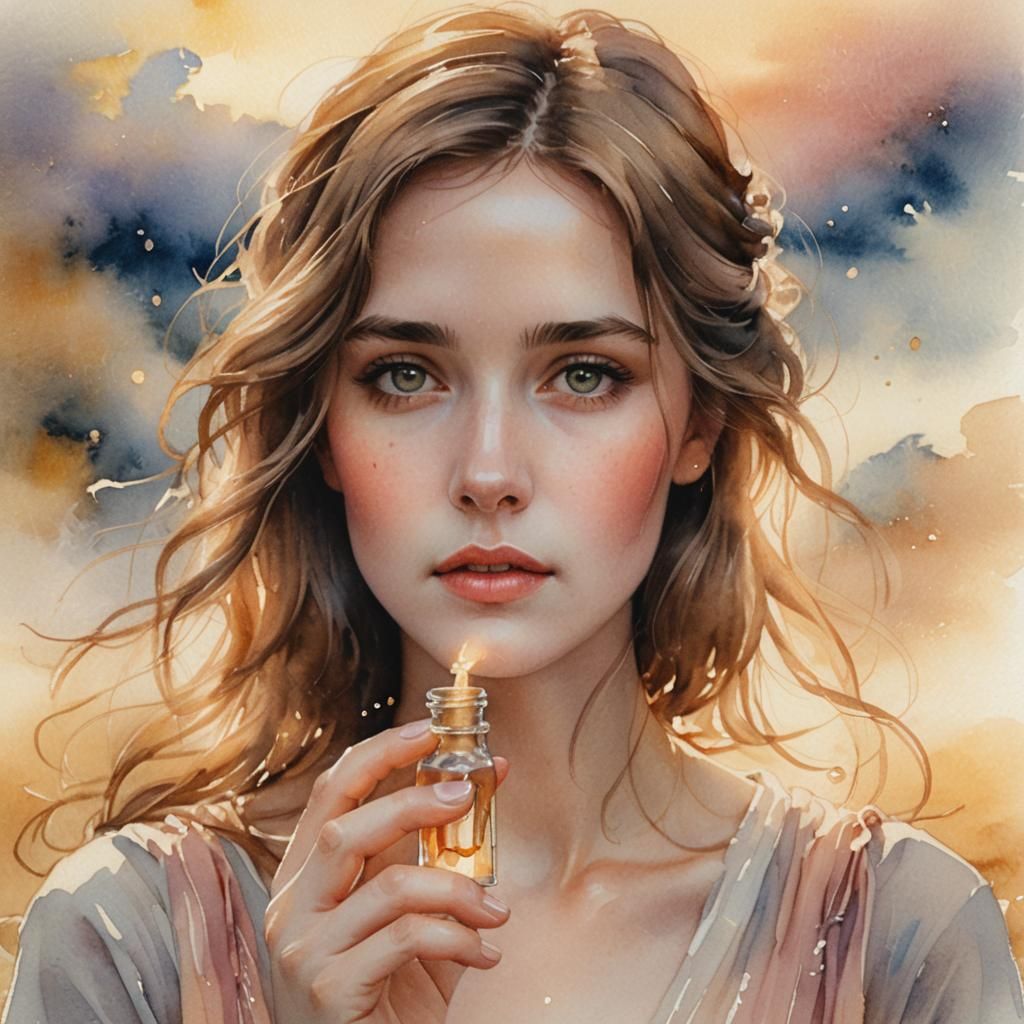 Ethereal Woman with Golden Light: Watercolor Portrait