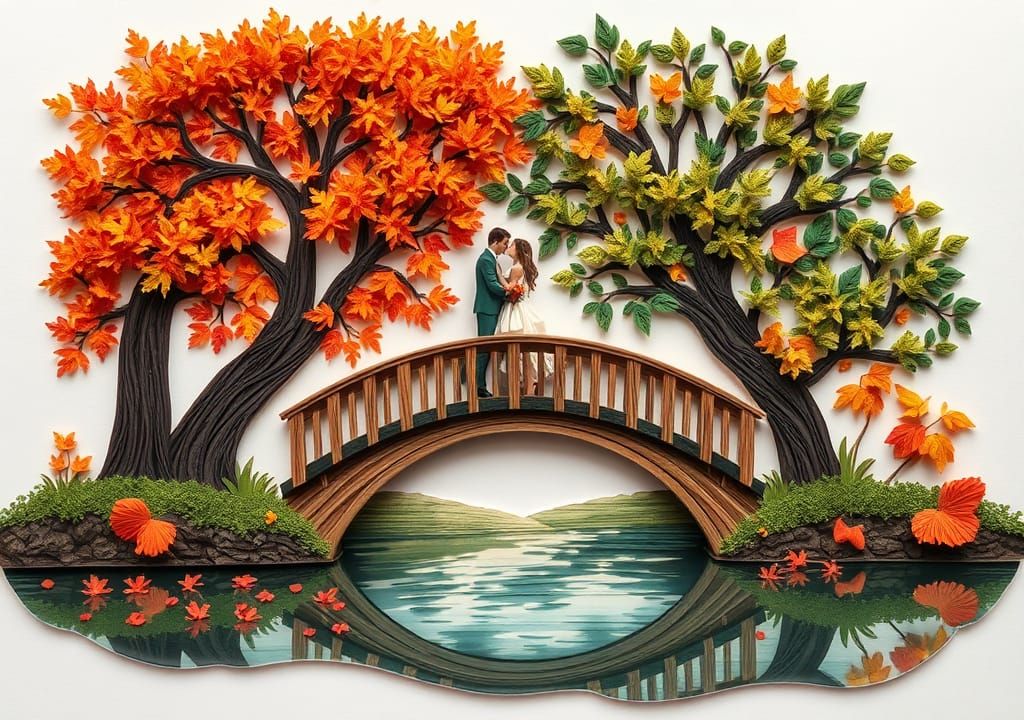 Romantic Quilling Art: Couple Kissing on Bridge