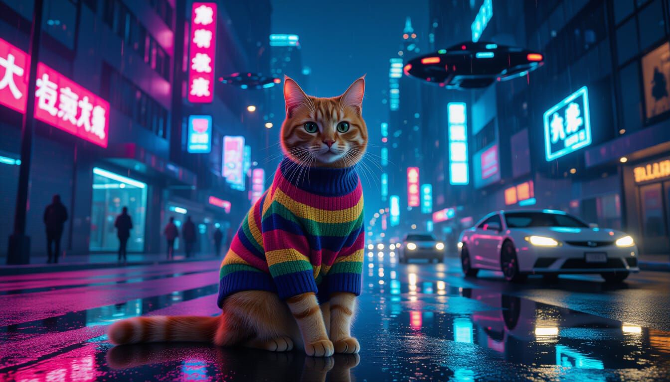 Sweater Cat in Cyberpunk City at Night