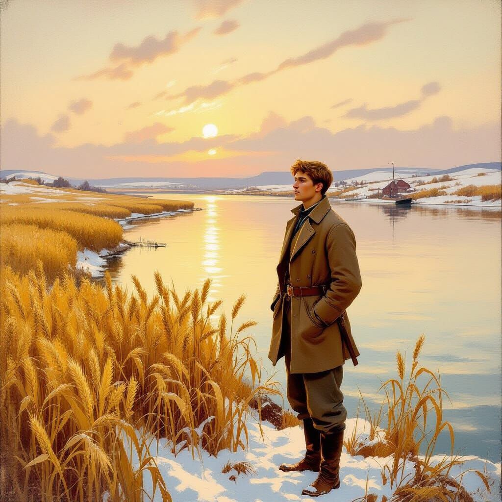 Man by Volga River in Fields and Snow